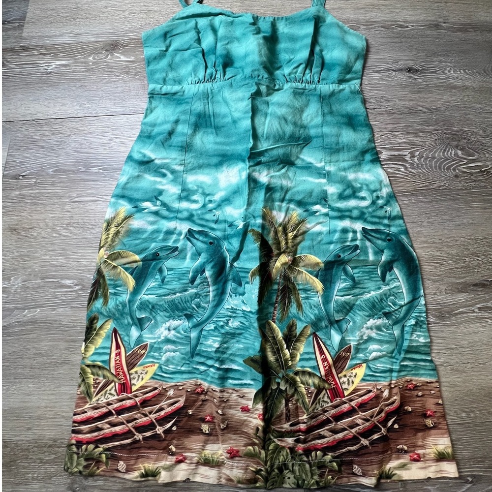 Jade Fashions Dress Womens Medium Teal Dolphin Tropical Hawaiian Cotton Sundress